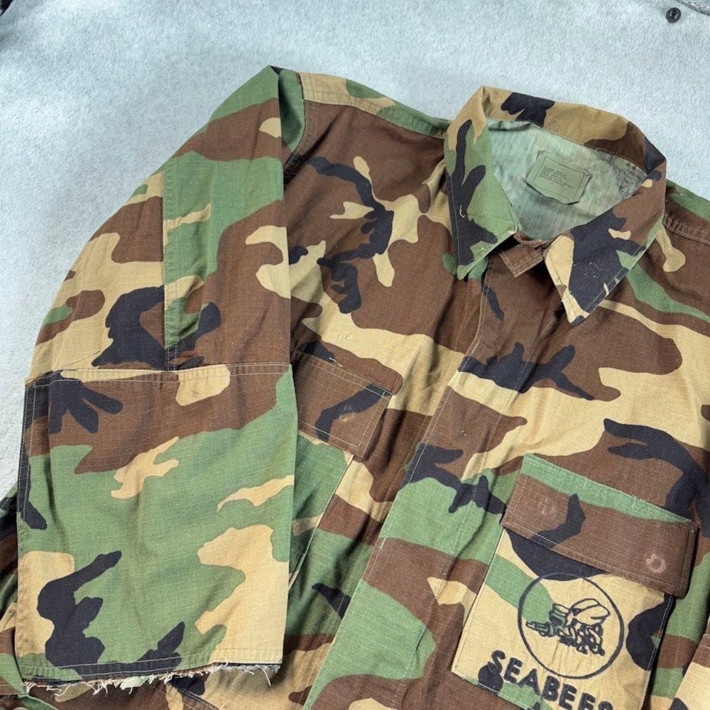 US Military Field Jacket Mens XL Camo Seabees Graphic Ripstop VTG 90s